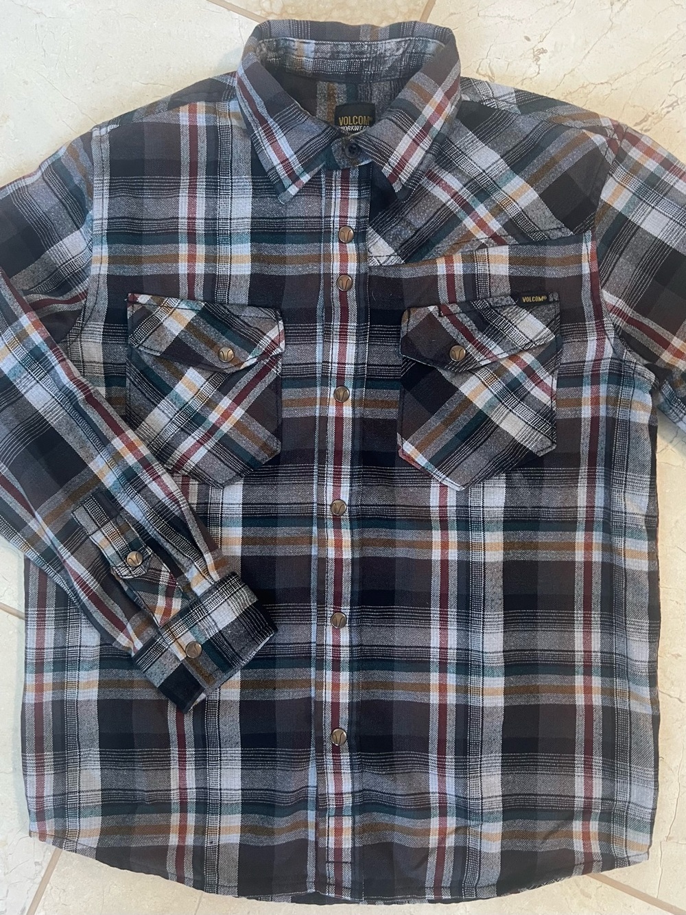 Volcom Workwear Boys Medium Plaid Flannel Shirt Long Sleeve Brown Gray Teal Red